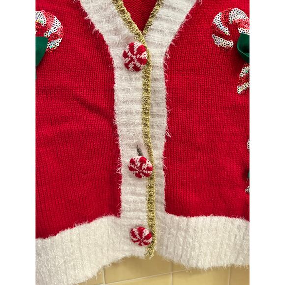 Ugly Christmas Sweater Candy Cane Sequin Cardigan Festive Holiday Sparkle M xmas - Picture 5 of 7